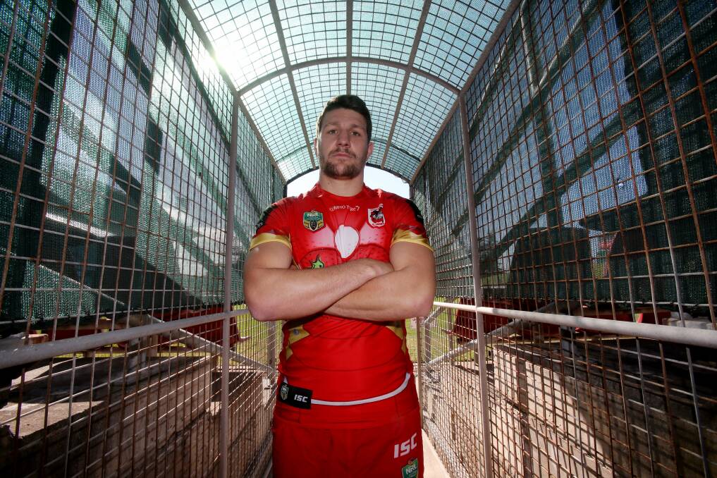 Reinforced armour: St George Illawarra Dragons five-eighth Gareth Widdop in the Iron Man jersey the team will be wearing on Sunday at Jubilee Oval. Picture: Robert Peet