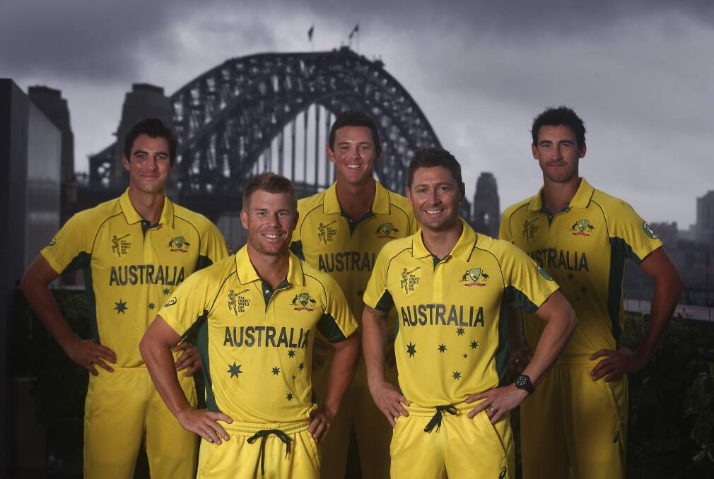 True colours: St George fast bowler Josh Hazlewood (centre back row) with teammates Pat Cummins, David Warner, Michael Clarke and Mitchell Starc.Picture: Ryan Pierse/Getty Images