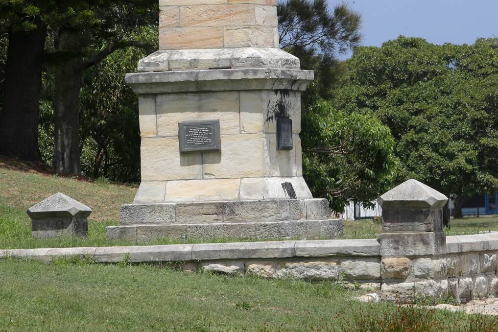 Paint attack: The Captain Cook obelisk  at Kurnell was among two memorials vandalised on the Australia Day weekend. Picture John Veage