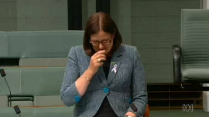 Liberal MP Sarah Henderson breaks down in Parliament.