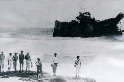 VICTORY AT SEA: The German raider Emden "beached and done for" following her defeat at the Cocos Islands by HMAS Sydney on November 9,1914. Photo: Australian War Memorial