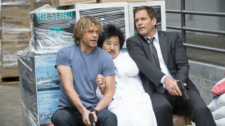 Bobby Lee, Eric Christian Olsen, and Michael Weatherly in NCIS: Los Angeles, the spin-off show created by Brennan in 2009. Photo: Network Ten