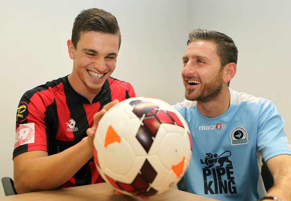 All smiles before the Leader Cup game: Rockdale City Suns striker Nick Taneski (left) and Sutherland Sharks FC captain Nick Stavroulakis. Picture: John Veage