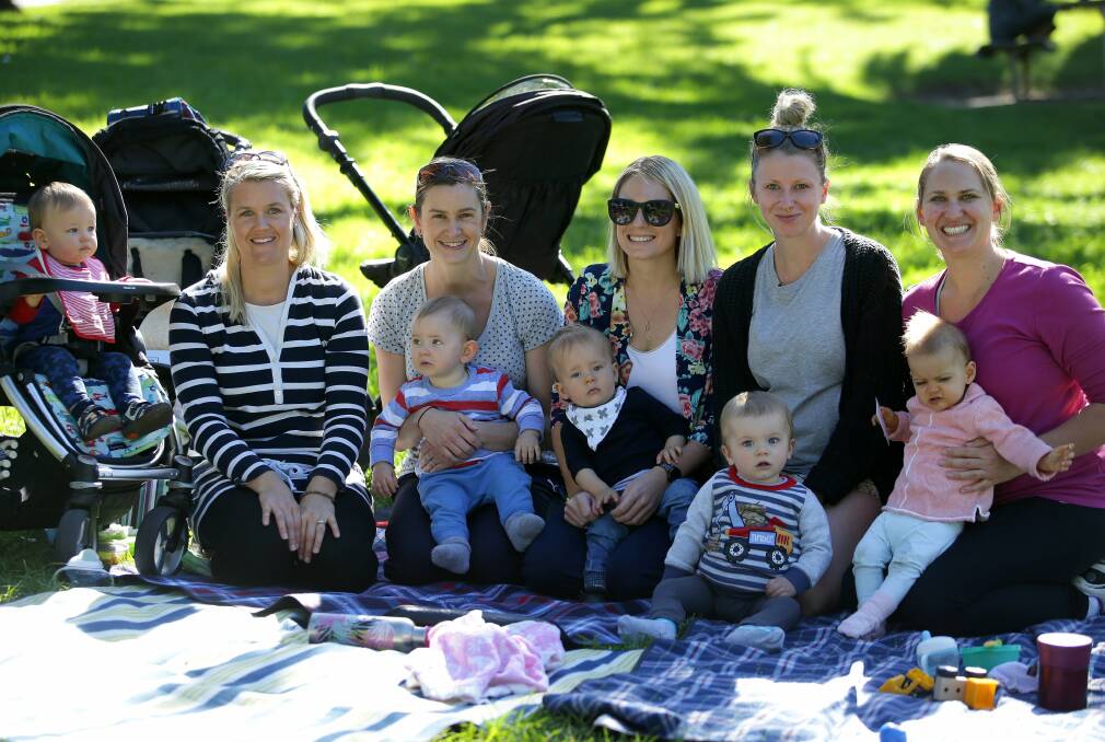 Budget babies: Megan Sund with Curtis (left), Natalie Nicholls with Harrison, Alex Heath with Nate, Jill Staunton with Lucas and Cara McFarlane with Sofia. Picture: John Veage