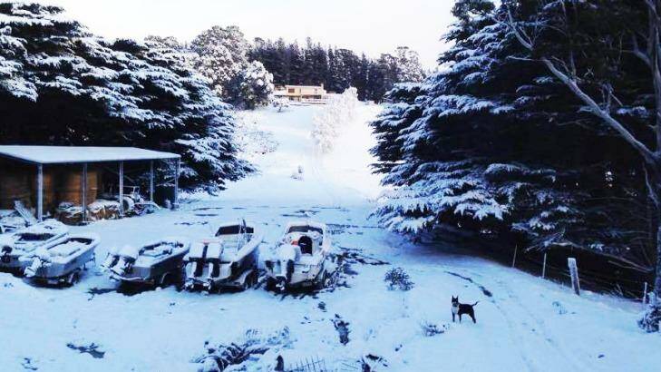 Tinnies in the snow ... the scene at Margate, south of Hobart. Photo: Launceston Examiner