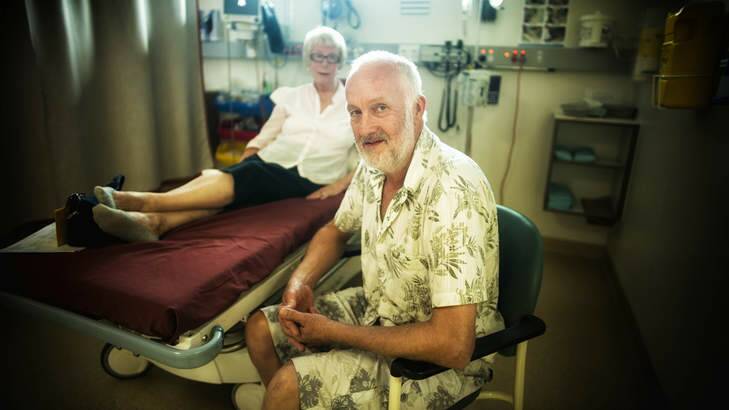 Off the road: English tourists Geoff and Lesley Richardson in Broome Hospital. Photo: Tony McDonough