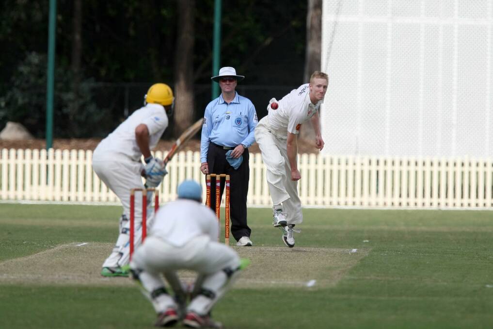 Delivery: Sutherland first grade paceman Tom Pinson bowling against Fairfield Liverpool. Picture: Simon Bennett