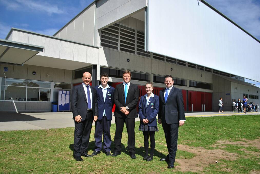 New look: Education Minister Adrian Piccoli, school captain Lachlan Beccaris, principal Neale Harries, school captain Olivia McClatchey and Oatley MP Mark Coure at the opening.