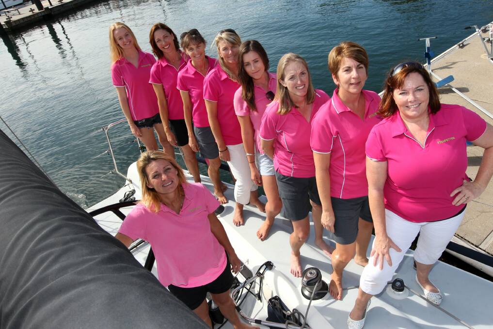 Pretty in pink: Corinne Feldmann (front) and her all-female Cronulla Sailing Club crew aboard The Banshee. Picture: John Veage