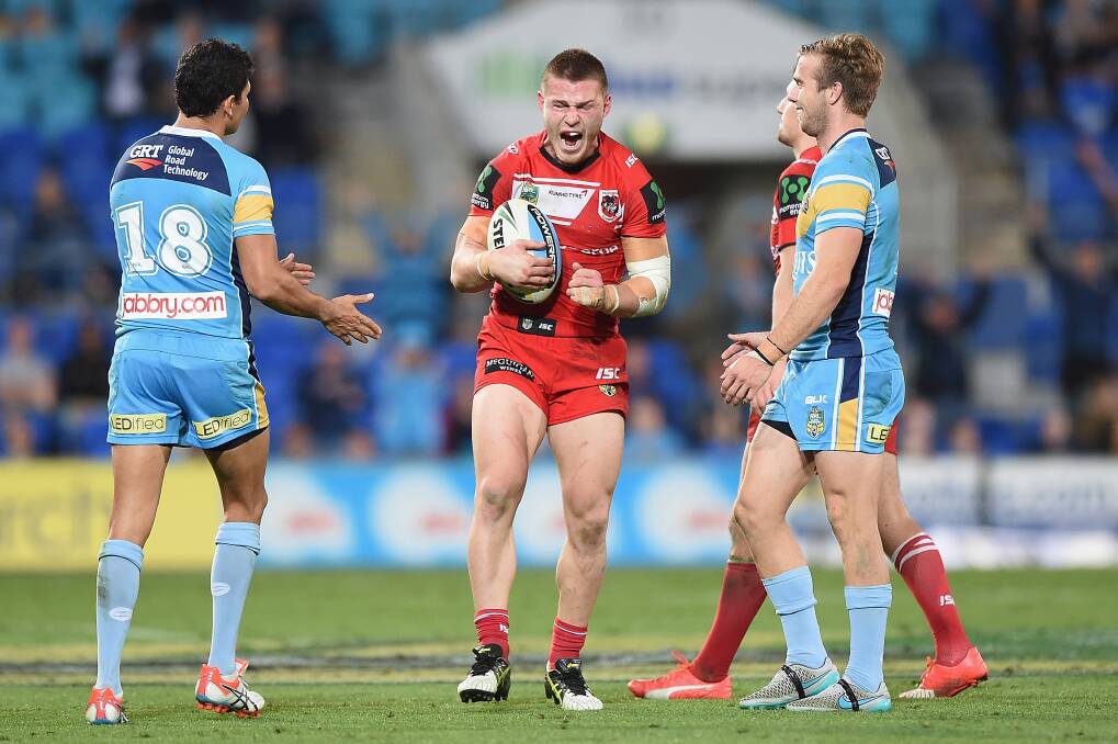 Fumble: Dragons centre Euan Aitken grimaces after he knocked on during Sunday's 28-26 loss against the Gold Coast Titans at Cbus Super Stadium.Picture: Matt Roberts, Getty Images