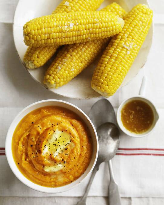 A pair of Neil Perry's American-inspired side dishes: <a href="http://www.goodfood.com.au/good-food/cook/recipe/pumpkin-puree-20121123-29u7d.html"><b>PUMPKIN PUREE</b></a> and <a href="http://www.goodfood.com.au/good-food/cook/recipe/boiled-corn-with-butter-and-maple-syrup-20121123-29u7c.html"><b>BOILED CORN WITH BUTTER AND MAPLE SYRUP</b></a>. Photo: William Meppem