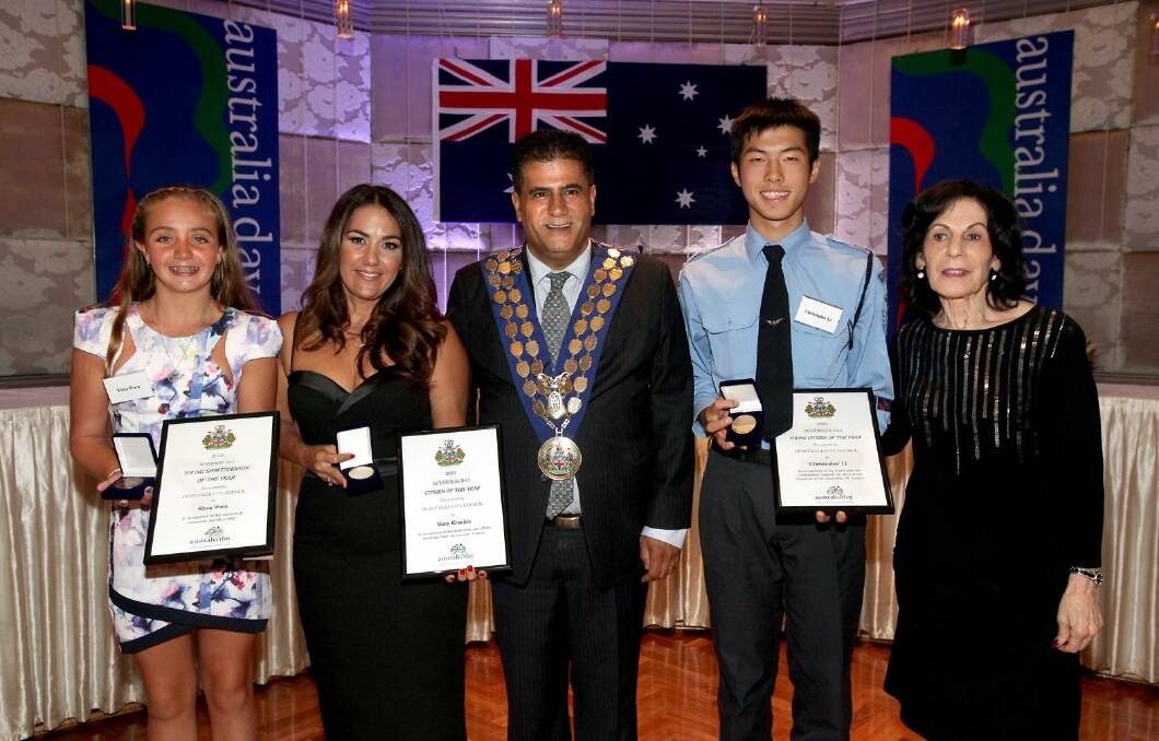 Winners: Kiera Warn, Mary Kranitis, Con Hindi, Christopher Li and Selwa Anthony (ambassador).