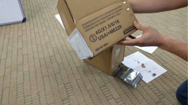 'Forbidden for transport by aircraft': Samsung's return box for the Galaxy Note7. Photo: YouTube
