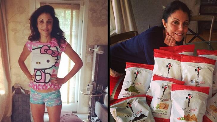 Bethenny Frankel in her four-year-old's pyjamas, left, and posing with new additions to her 'Skinnygirl' food and beverage range, right. Photos: Instagram/Bethenny Frankel.