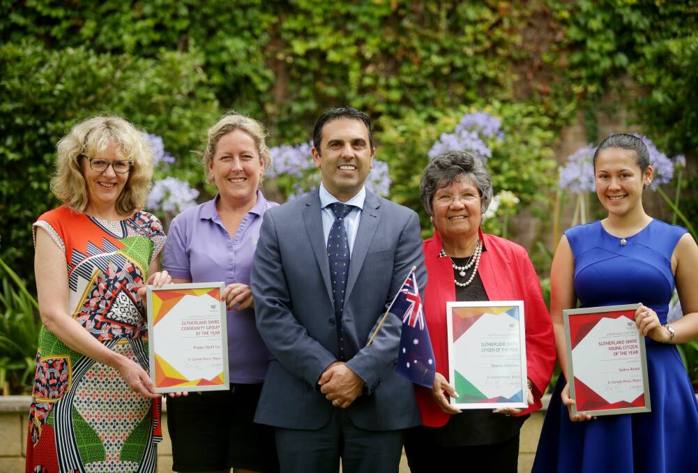 Deanna Schreiber (second from right) was recognised for her 50 years' work as an advocate for Aboriginal people. Sutherland Shire mayor Carmelo Pesce (centre) presented her with the award and was joined at the announcement by Deborah Holden and Kellie Checkley (left) representing the Community Group of the Year and Young Citizen of the Year Salina Alvaro (right). Picture: Chris Lane

