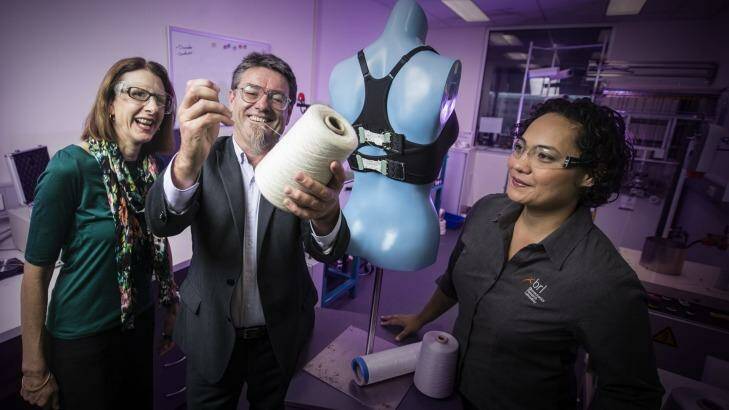 Smart bra: Professor Julie Steele (left) from the Biomechanics Research Laboratory, Professor Gordon Wallace and Dr Sheridan Gho at the Innovation Campus at the University of Wollongong.