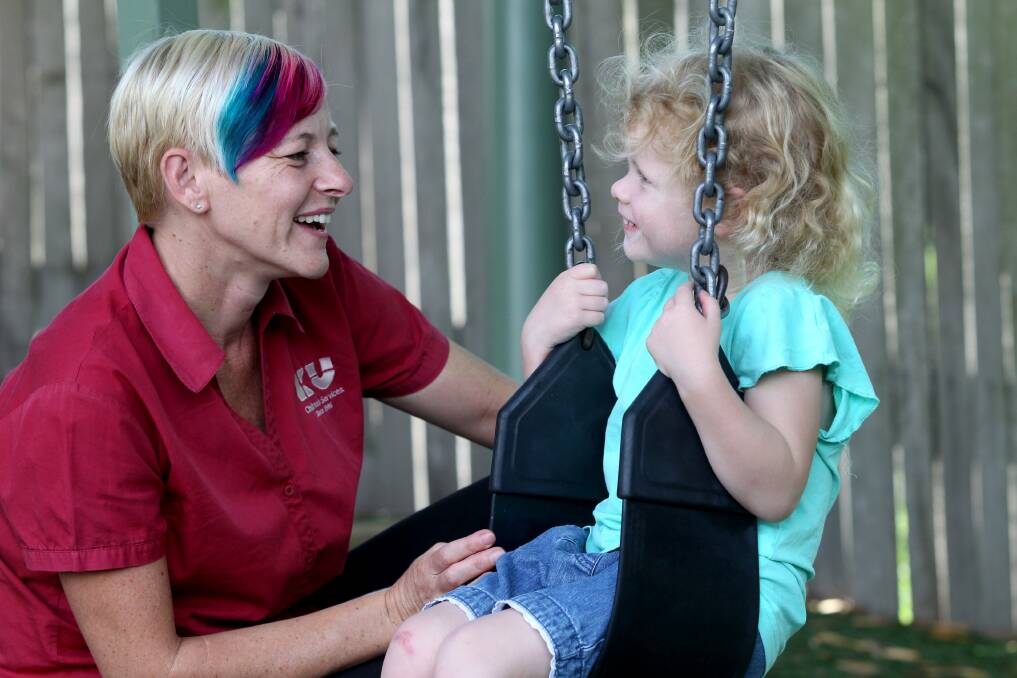 Words matter: Preschool director Janene Rox with Allira, 3, says the way children make connections is largely dependent on language. Picture: Jane Dyson