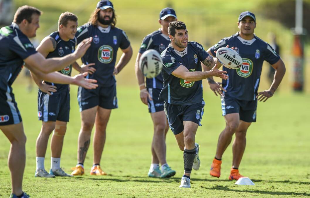 In line to play: Cronulla hooker Michael Ennis (second from right) training with NSW. Picture: Brendan Esposito