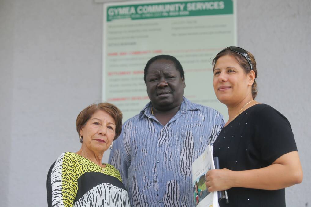 Now what?: Gymea's Migrant Servuice will close at the end of the month after losing funding and clients Vuolit Girgis [right], Ajang Biar and Luisa Morton are angry. Picture: Chris Lane.
