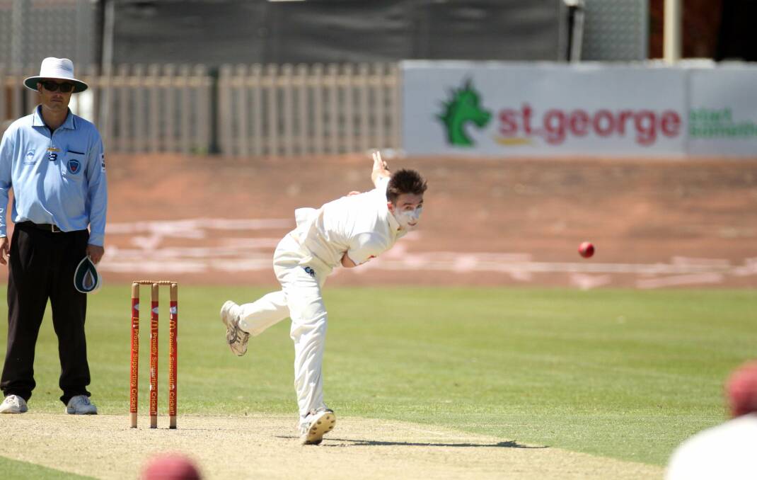 Speedster: St George first grade fast bowler Luke Bartier charges in against Campbelltown Camden at Hurstville Oval. Picture: Chris Lane
