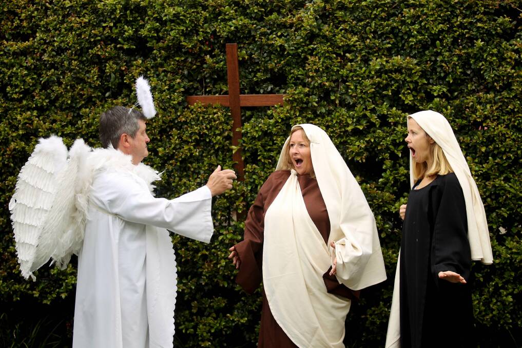 The surprise of Easter: "Mary" and "Mary Magdalene" are surprised by an "angel" at the tomb. Shows Phil Alterator, Christine Wright and Mandy Curley, Picture: Chris Lane