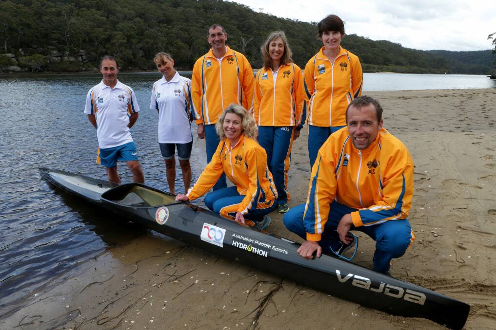 Darren Lee, Nadya Mikhailova, David Little, Dallas Newman, Lorraine Harper-Horak and in the front Pauline Findlay and Sasa Vujanic will all be representing Australia at the Kayak world masters. Picture: Jane Dyson