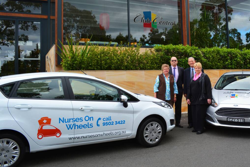 Club Central generosity: Nurses on Wheels get a windfall. Staff members Doris McGillivray (left) and Pauline Fisher (right) with Club Central chief executive Mike Walker and club president Bernie Holdsworth.