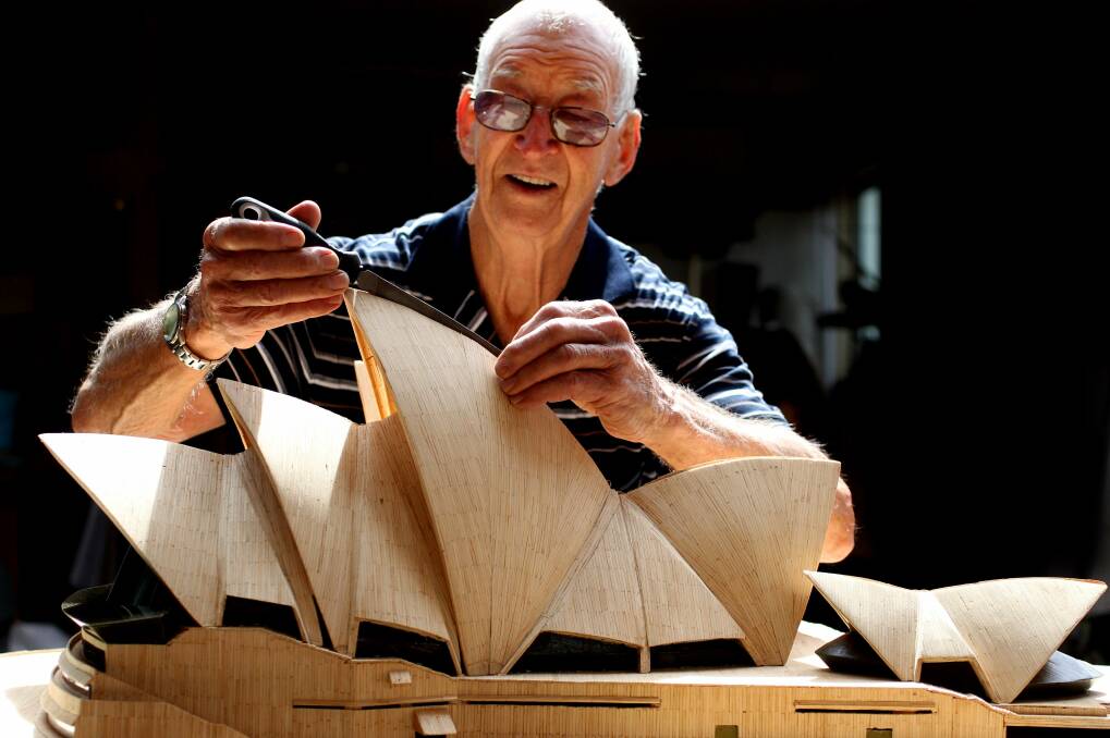Model mania: Norm Grundy's matchstick models of the Sydney Harbour Bridge, Opera House and Sydney Town Hall will be exhibited together during Heritage Week. Picture: Chris Lane