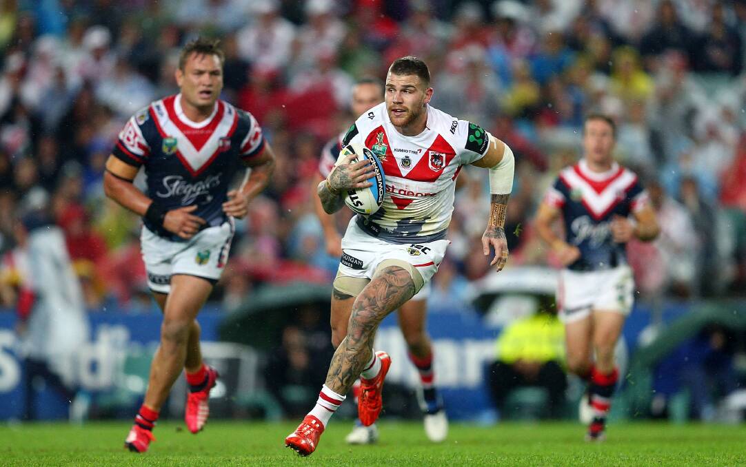 Kangaroo: Dragons fullback Josh Dugan will debut on the wing against the Kiwis on Friday night in Brisbane. His is pictured in the Dragons-Roosers clash on Anzac Day. Picture: Renee McKay, Getty Images