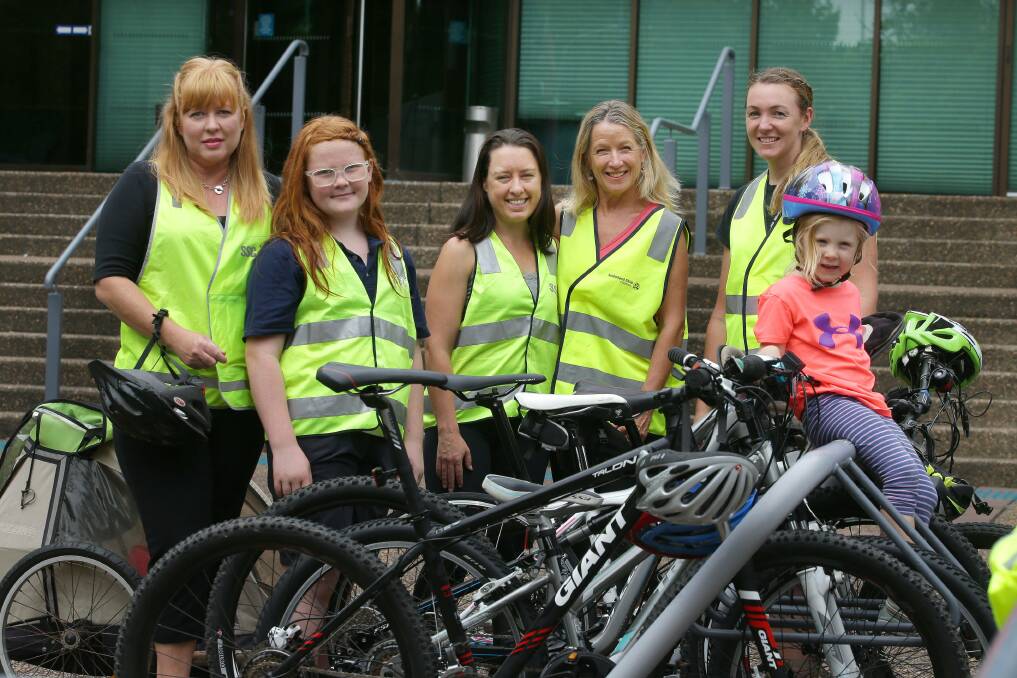 Geared up: Sutherland Shire Council is putting together a team to take part in the annual Gear Up Girl cycling event on March 8 which marks International Women's Day. Left to right, Tracy Cook, Tess Johns, Jeanette Brown, Lyne Hoyle, Melinda Allen and daughter Charlotte. Picture: John Veage