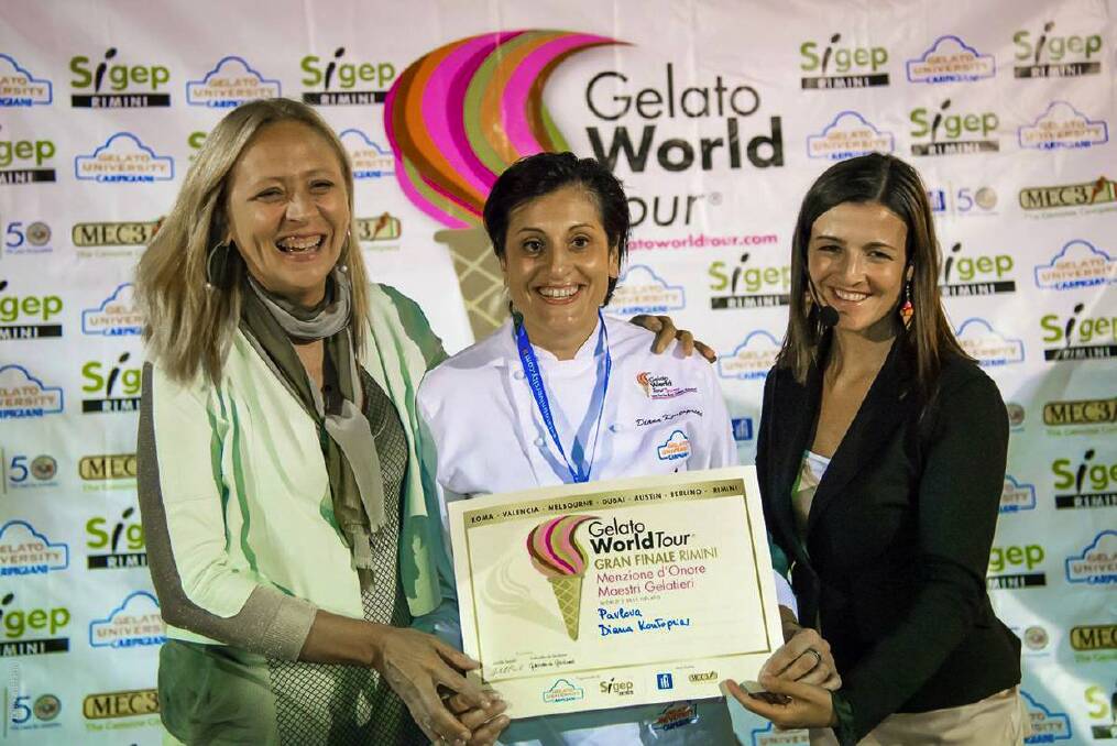 Perfect pavlova: Diana Kontoprias (centre), from Frangipani Gelato at Cronulla, receives her  Peer's Selection award at the Gelato World Tour in Rimini, Italy, last Wednesday.