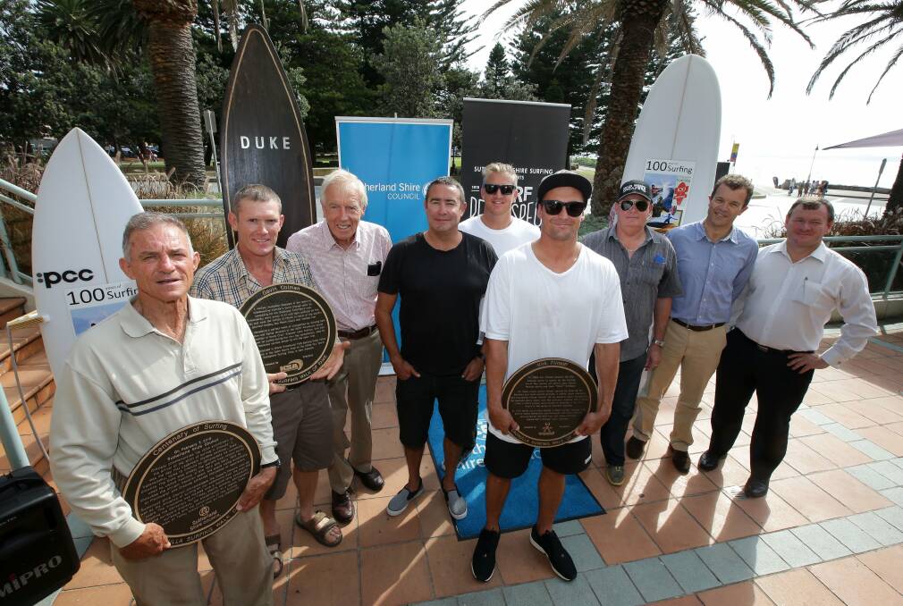 Fame walk: The unveiling of the Cronulla Surfing Walk of Fame, the last event in Surf Retrospect: 100 years of Cronulla surfing, featured (left to right) John Brown, Gavin Colman, Bob Banks, Gary Green, Andrew Lester, Kirk Flintoff, Cronulla MP Mark Speakman and mayor Kent Johns.