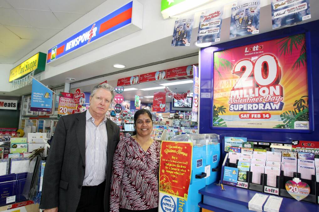 Gambling plan: Parkside Plaza newsagency proprietor Karala Sivapalan , with Labor candidate for Miranda Greg Holland, who are opposing  Lotto and lottery sales being handed over to big business. Picture: Chris Lane