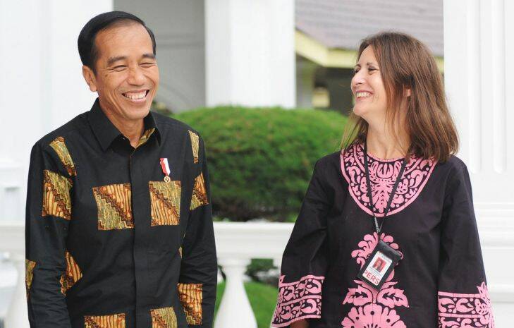 Indonesian President Joko Widodo being interviewed by Fairfax journalists Jewel Topsfield and Peter Hartcher at the presidential palace in Jakarta.Photo: Jefri Tarigan