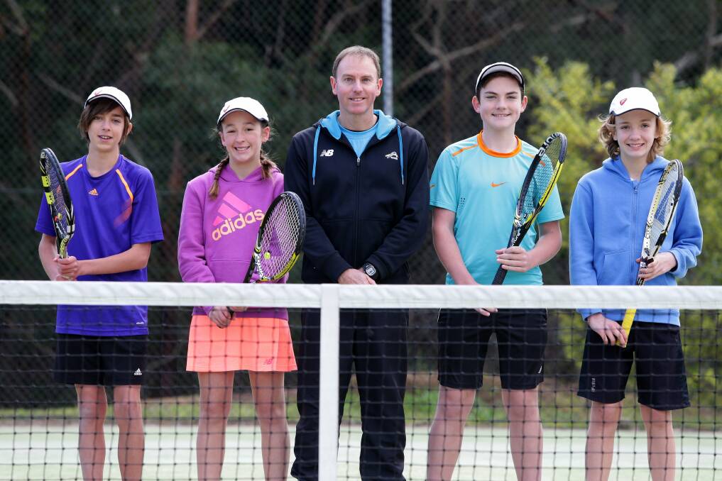 Tennis coach Steve Mowle with promising players Zac Chapman, Natasha Pochleitner, Luke Bevan and Cameron McGlynn. Picture: Jane Dyson