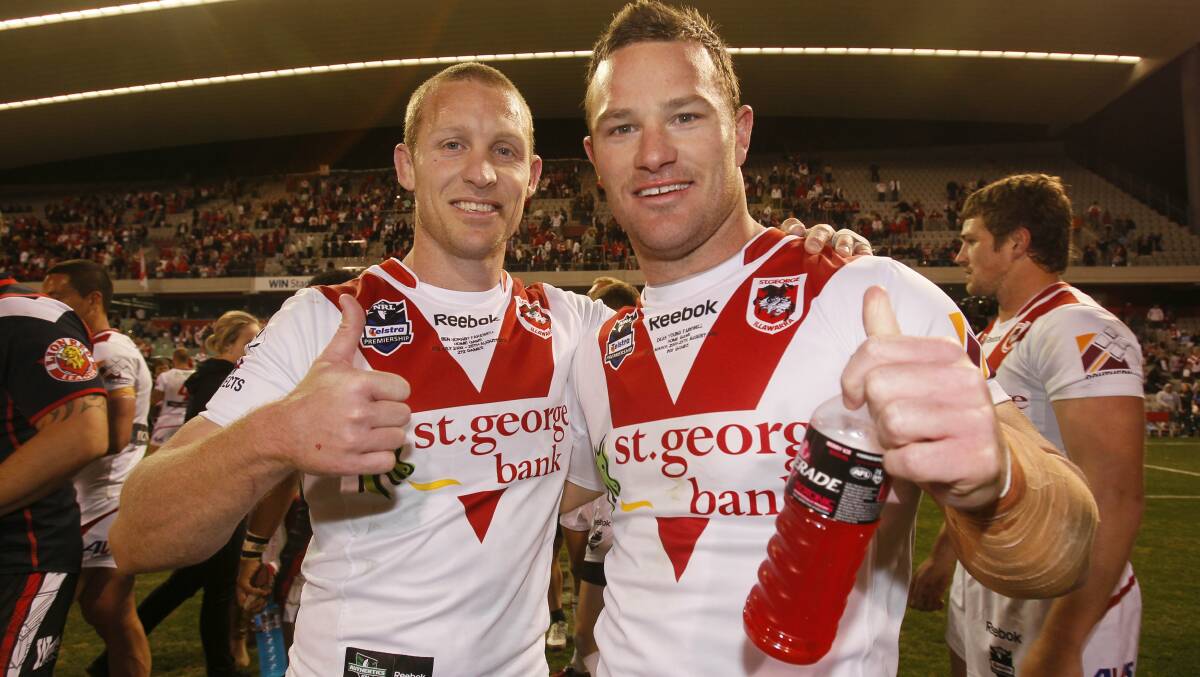 Partnership: Ben Hornby (left) and Dean Young in their playing days at the Dragons who are now co-coaches of the Holden Cup team. Picture: Dave Tease