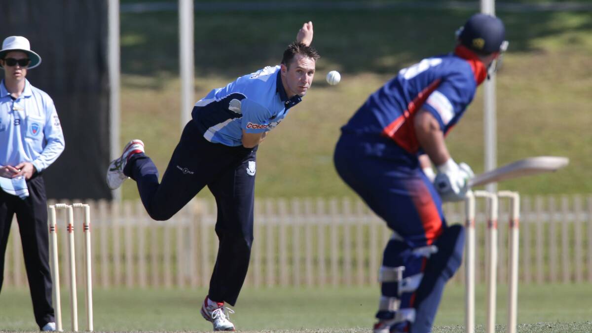 Fast-paced match: Sutherland skipper Nathan Fitzgerald bowls against Mosman on Sunday at Glenn McGrath Oval. 