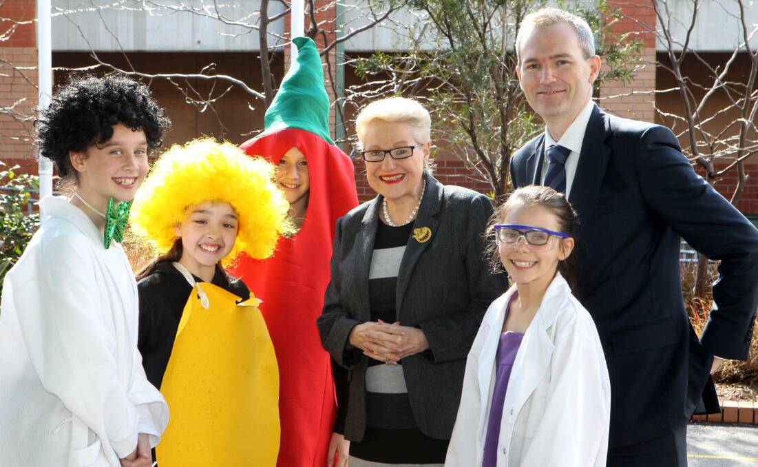 A couple of special visitors: Federal Parliamentary speaker Bronwyn Bishop and Banks MP David Coleman at St Declan’s to celebrate Maths, Science and Health Week with students and staff.