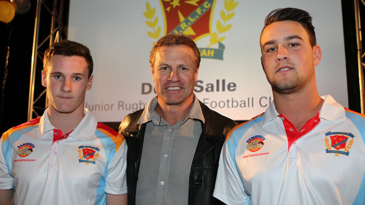 Meeting: Connor Tracey (left), with Andrew Ettingshausen (centre) and Jayden Walker. Picture: John Veage