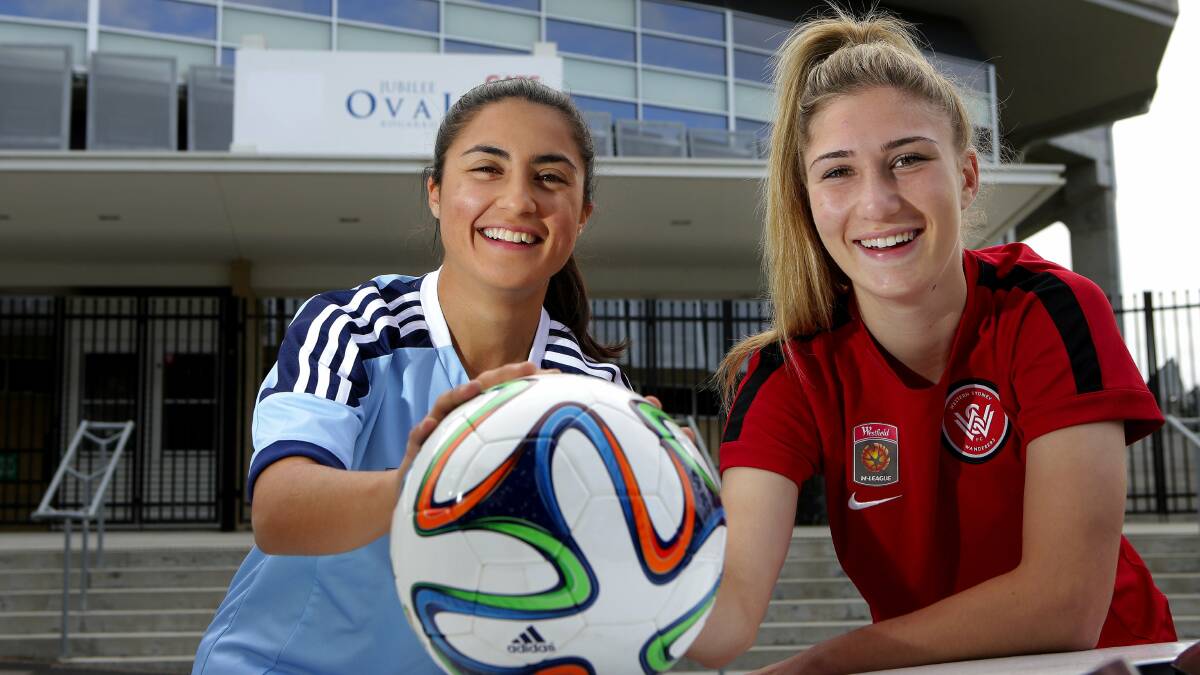 Local derby: Sydney FC captain Teresa Polias and Western Sydney Wanderers' Demi Koulizakis at Jubilee Oval, Kogarah to promote the game on Sunday. Picture: John Veage