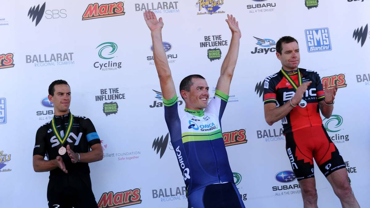 THE COURIER (Ballarat) - Richie Porte (3rd), Simon Gerrans (1st) and Cadel Evan (2nd) made up the podium in national road race. PICTURE: JUSTIN WHITELOCK.