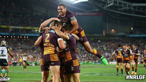 First try: Brisbane celebrate Corey Oates' opening try. Picture: NRL.com.