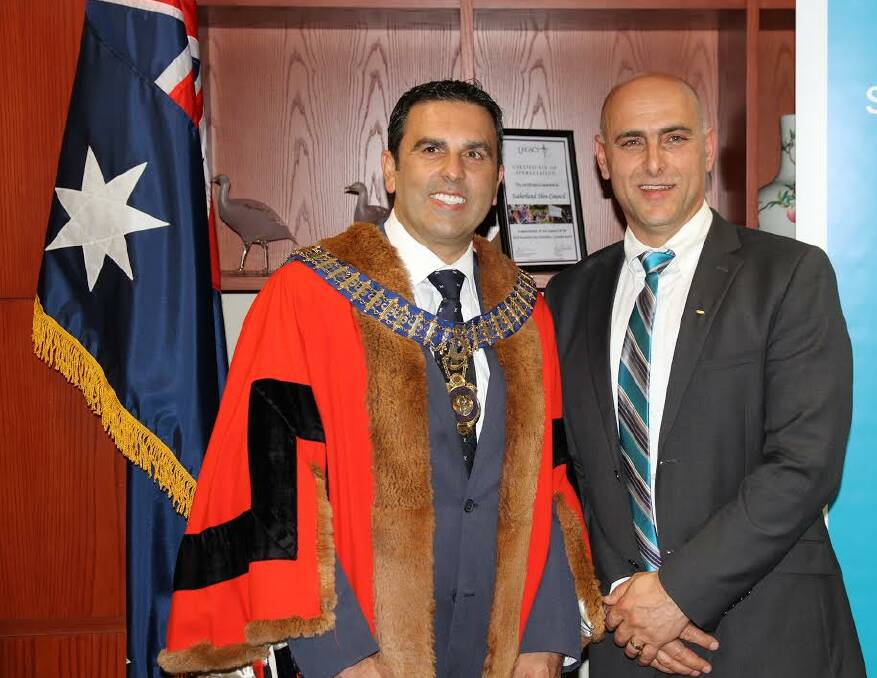 New team: Shire mayor Carmelo Pesce (left) with deputy mayor Hassan Awada after the vote on Monday night. Picture: Sutherland Shire Council. 
