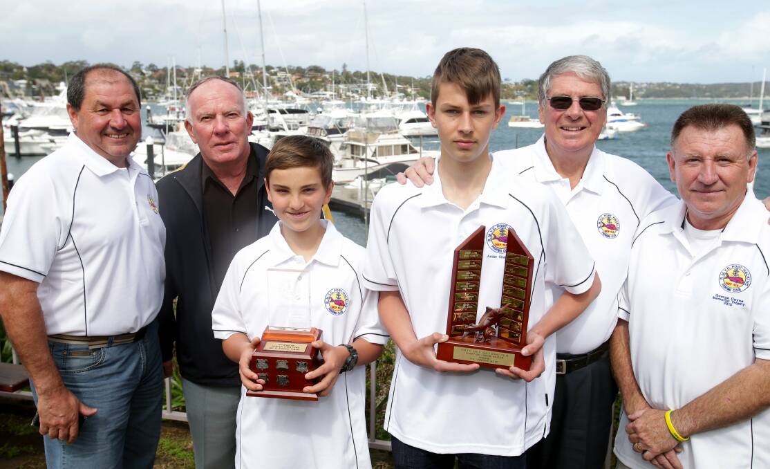Reeling in the years: Members of the Royal Motor Yacht Club Port Hacking Deep Sea Fishing Club are celebrating the club’s 40th anniversary John Tripodi (from left), Mick Pardoe, William Thomas (junior most improved member), Mitchell Dibben (junior champion), Allan Dibben and club president Stephen Lalor.Picture: Chris Lane
