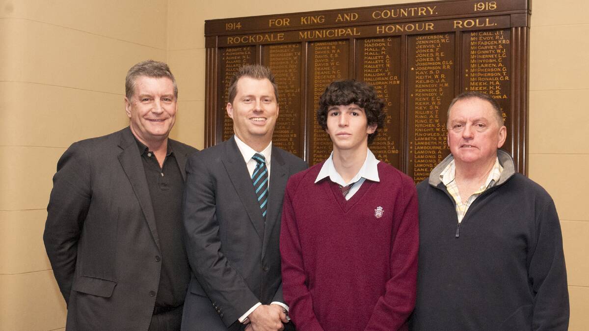 Good move: (Pictured from left to right)  Chris Harrison, CEO Water Polo Australia, Mark Heathcote, CEO Swimming NSW, Chris Glitsos, a year 10 student from Sydney Technical High School Bexley and resident John Nelme, spoke in support of Rockdale Aquatic Centre at the council meeting.  Picture: Stephen Le Bas.
