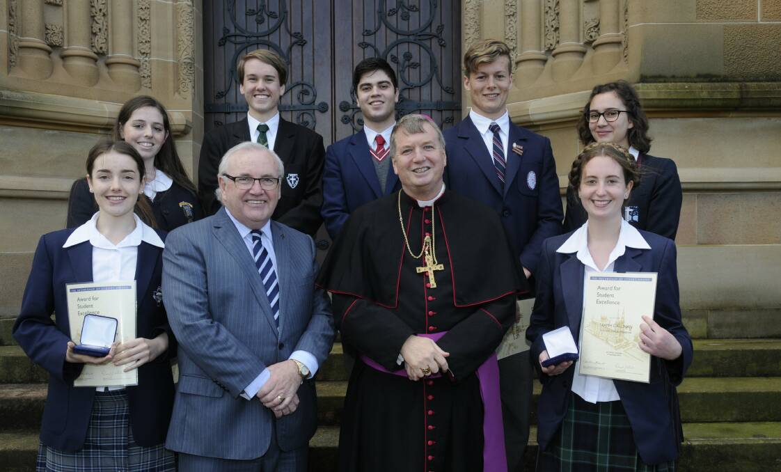 Student excellence: Stephanie Branley, Victoria-Rose Taylor, Edward Noack, Nathan Galluzzo, Thomas Boyd, Eugenia Simoes and Niamh Callinan got their awards from Catholic Education Office executive director Dan White and Archbishop Anthony Fisher.


