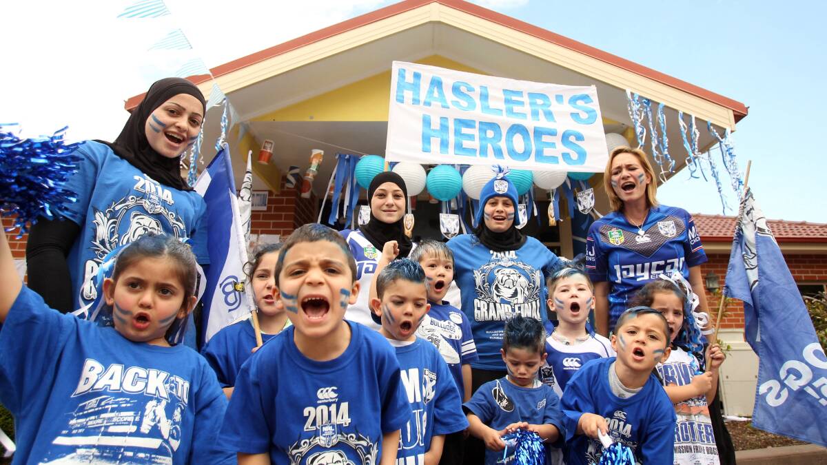 Blue and white all right:  Bright Stars Preschool at Rockdale has been decked out in white and blue to celebrate the Bulldogs making the NRL grand final. Picture: Chris Lane.

