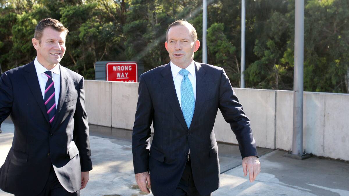 Leaders meet: Tony Abbott and Mike Baird at Arncliffe. Picture Chris Lane

