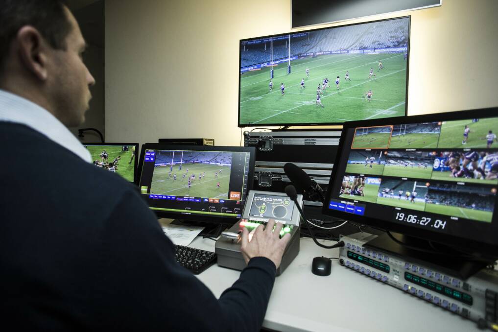 Changes: Video referee Bernard Sutton trials the video referee bunker at ANZ Stadium in June. Picture: Dominic Lorrimer.

