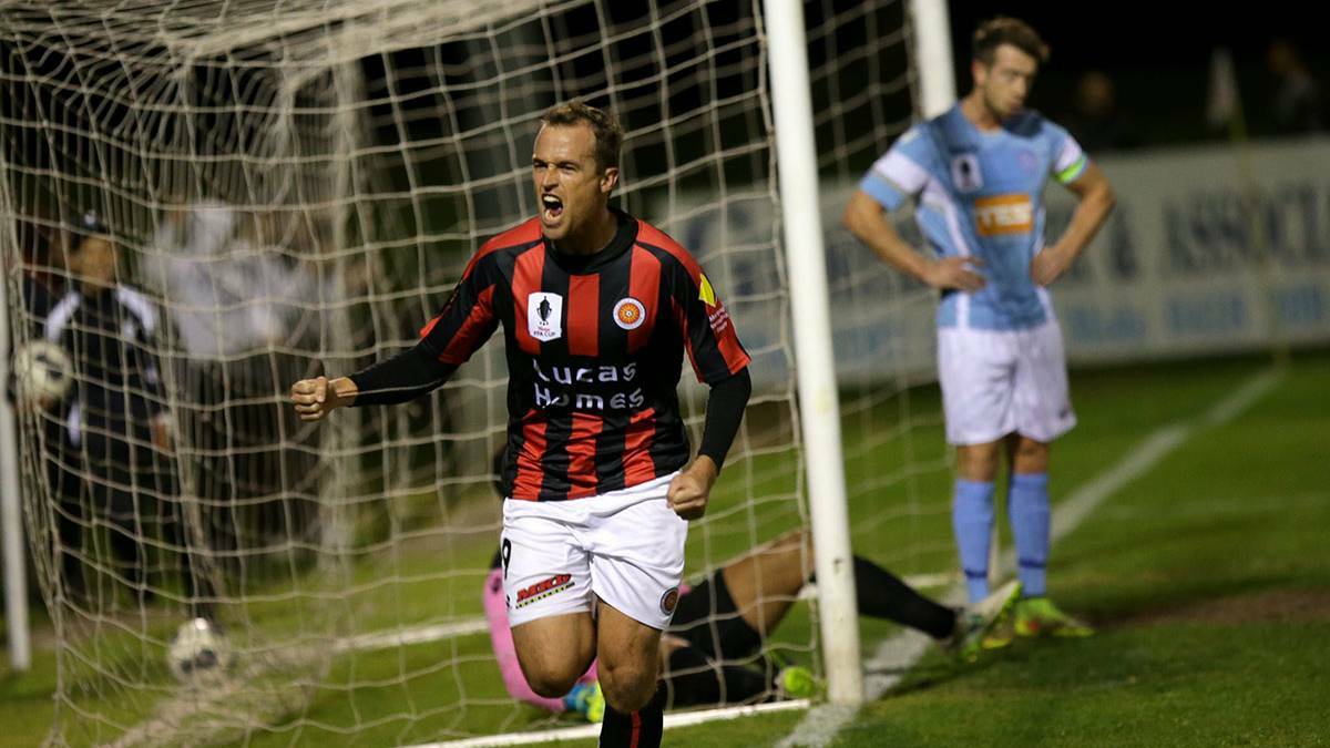 Off the mark: Rockdale City striker Dylan Macallister scored his first goal since joining the club in the Suns' 3-1 FFA Cup win over Perth SC. Picture: John Veage.

